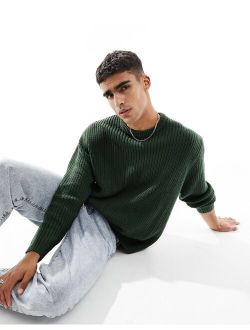 oversized knitted fisherman rib crew neck sweater in green