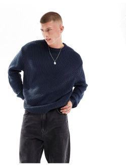 oversized knit fisherman ribbed crew neck sweater in navy