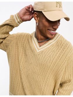 oversized cable knit cricket sweater in oatmeal & white tipping