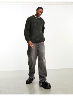 oversized knit fisherman ribbed crew neck sweater in charcoal