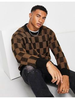relaxed fit checkerboard sweater in brown