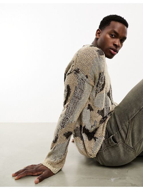 ASOS DESIGN oversized knitted laddered sweater in stone