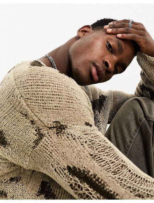 ASOS DESIGN oversized knitted laddered sweater in stone