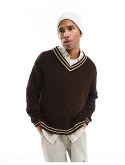 oversized cable knit cricket sweater in brown with ecru tipping