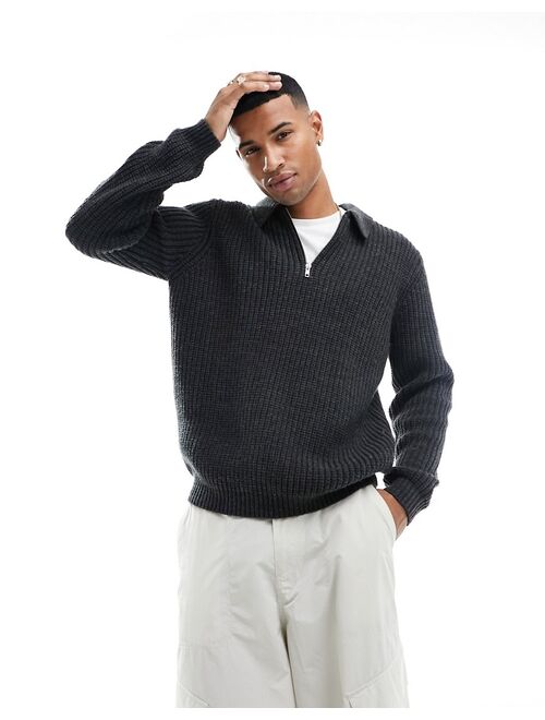 ASOS DESIGN heavyweight wool mix ribbed 1/4 zip sweater in charcoal