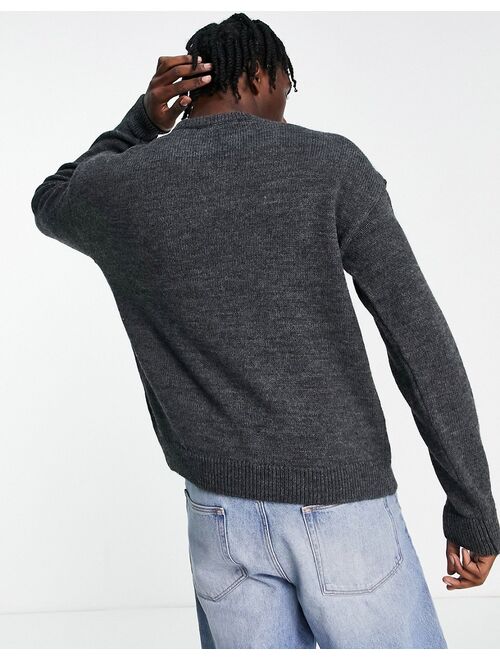 New Look relaxed fit cable crew neck sweater in dark gray