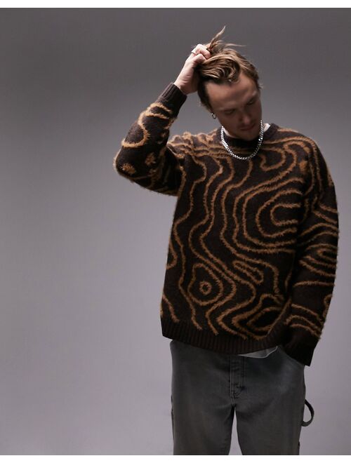 Topman fluffy swirl sweater in brown