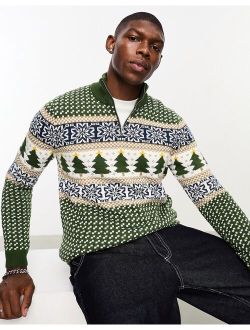 knit 1/4 zip Christmas sweater in green fairisle pattern
