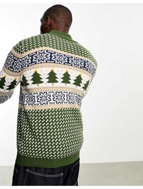ASOS DESIGN knit 1/4 zip Christmas sweater in green fairisle pattern