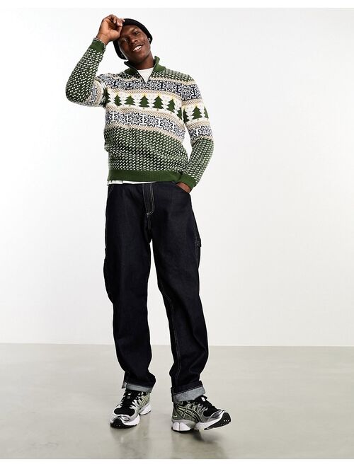 ASOS DESIGN knit 1/4 zip Christmas sweater in green fairisle pattern