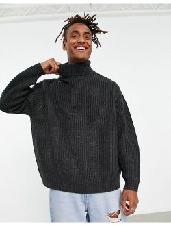 oversized fisherman rib roll neck sweater in charcoal