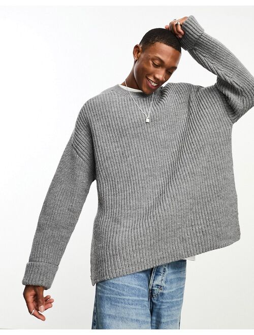 ASOS DESIGN wool mix heavyweight rib sweater with side splits in light gray