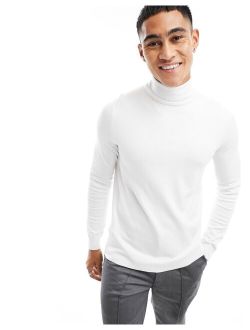 textured knit roll neck sweater in white
