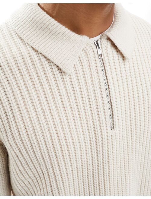 ASOS DESIGN heavyweight wool mix ribbed 1/4 zip sweater in oatmeal