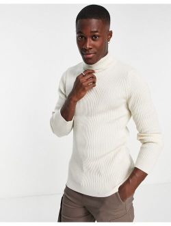ribbed muscle fit roll neck sweater in off white