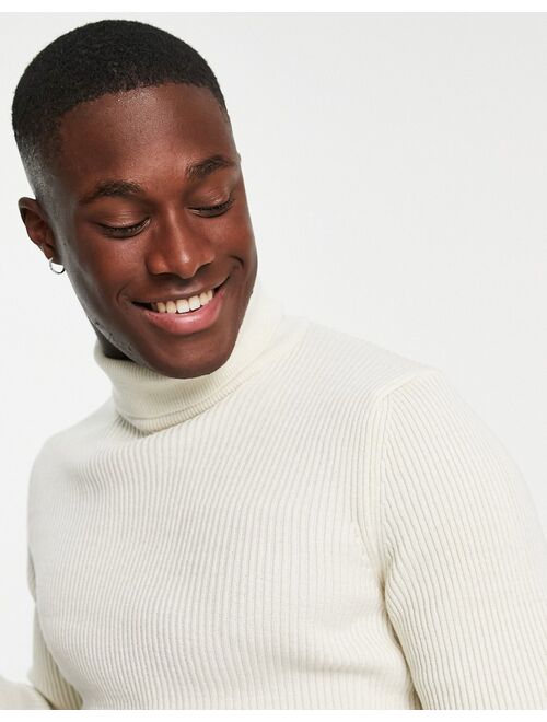 New Look ribbed muscle fit roll neck sweater in off white