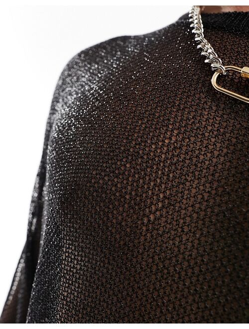 ASOS DESIGN knitted mesh long sleeve sweater in black