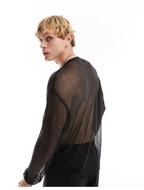 ASOS DESIGN knitted mesh long sleeve sweater in black