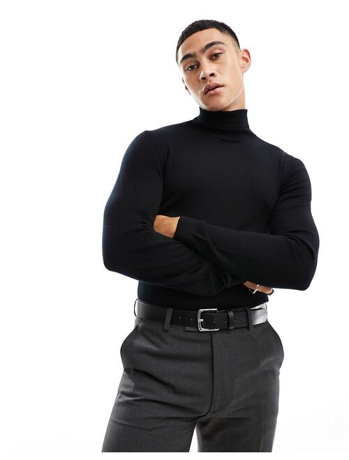 ASOS DESIGN muscle fit knit merino wool turtleneck sweater in black