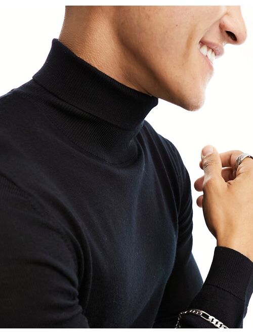 ASOS DESIGN muscle fit knit merino wool turtleneck sweater in black