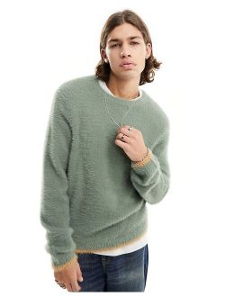 knitted fluffy crew neck sweater in green