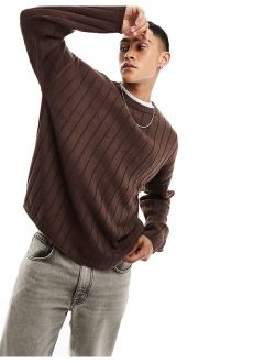 oversized knit wide ribbed sweater in brown