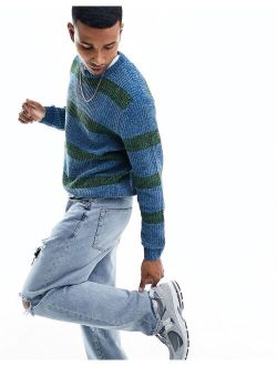 relaxed knit chenille sweater in blue stripe