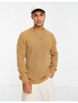 relaxed fit knit fisherman sweater in camel