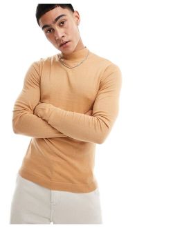 muscle fit knit essential turtle neck sweater in tan