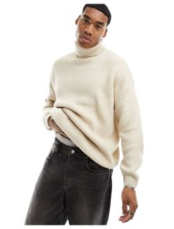 oversized knit fluffy turtleneck sweater in beige