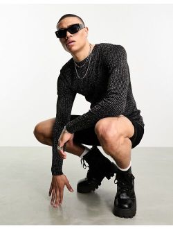 knitted muscle fit sweater in silver and black metallic texture