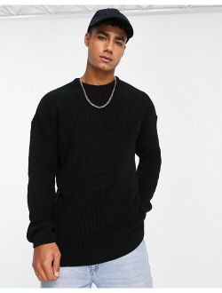 relaxed fit knit fisherman sweater in black