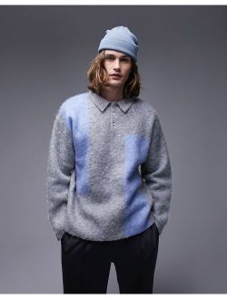 fluffy color block knitted polo in gray