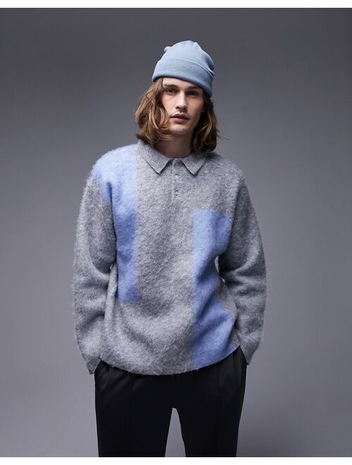 Topman fluffy color block knitted polo in gray