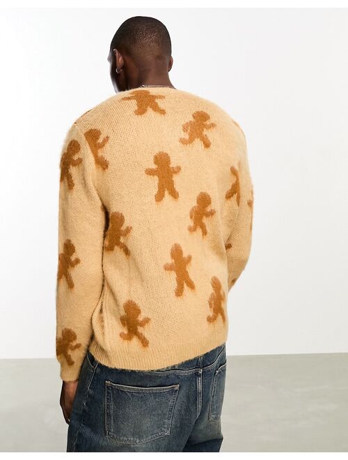 ASOS DESIGN knit fluffy Christmas sweater in light brown gingerbread pattern
