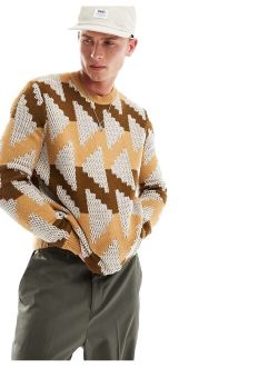 oversized knit sweater with geometric print in stone
