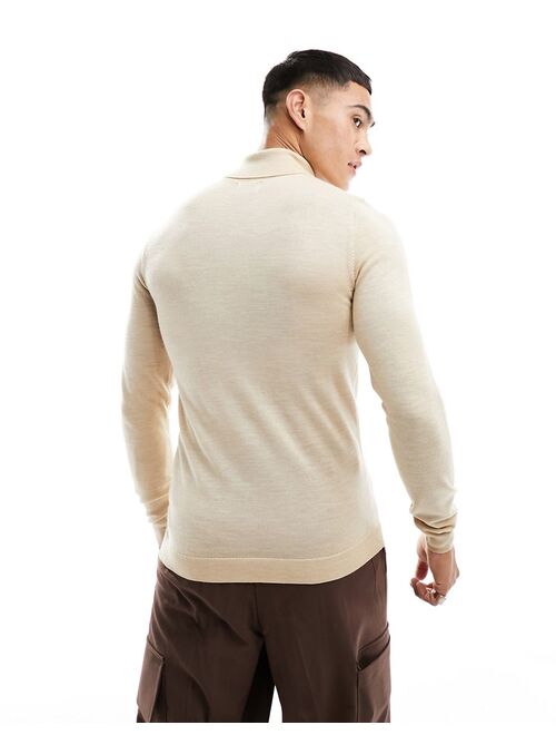 ASOS DESIGN muscle fit knit merino wool turtleneck sweater in stone