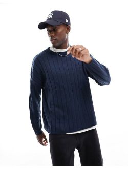 oversized knit wide ribbed crew neck sweater in navy