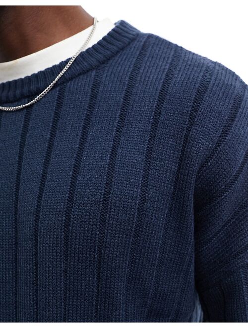 ASOS DESIGN oversized knit wide ribbed crew neck sweater in navy