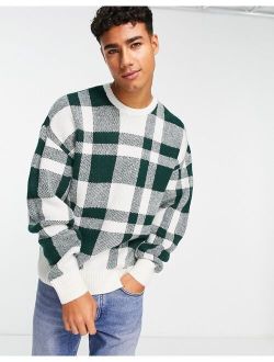 large plaid relaxed fit sweater in dark green