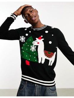 knitted Christmas sweater with Llama pattern in black