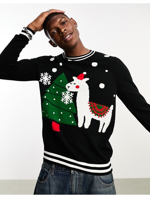 ASOS DESIGN knitted Christmas sweater with Llama pattern in black