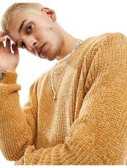 relaxed knit chenille crew neck sweater in tan