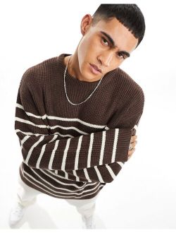 oversized knit fisherman ribbed crew sweater in brown and white stripe