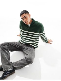 oversized knit fisherman ribbed 1/4 sweater in green and white stripe