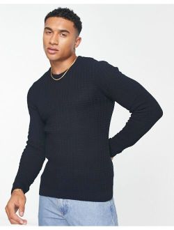 muscle fit waffle texture sweater in navy