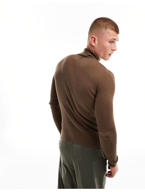 ASOS DESIGN muscle fit knit essential ribbed turtle neck sweater in chocolate brown