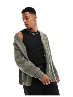 mixed cable knit cardigan in charcoal