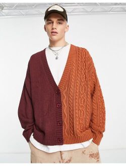 mixed cable knit cardigan in burgundy