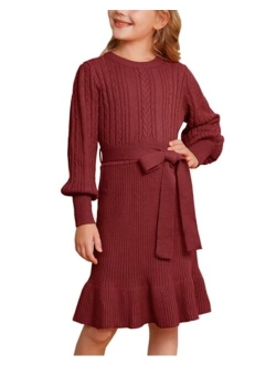Girls Sweater Dress Cable Knit Long Sleeve Fall Winter Dress for Girl with Belt Sizes 6-14